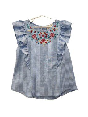 Girls Blu Pepper Ruffle Shoulder Tank w/floral Embroiderey Blue Pinstripe 6-8